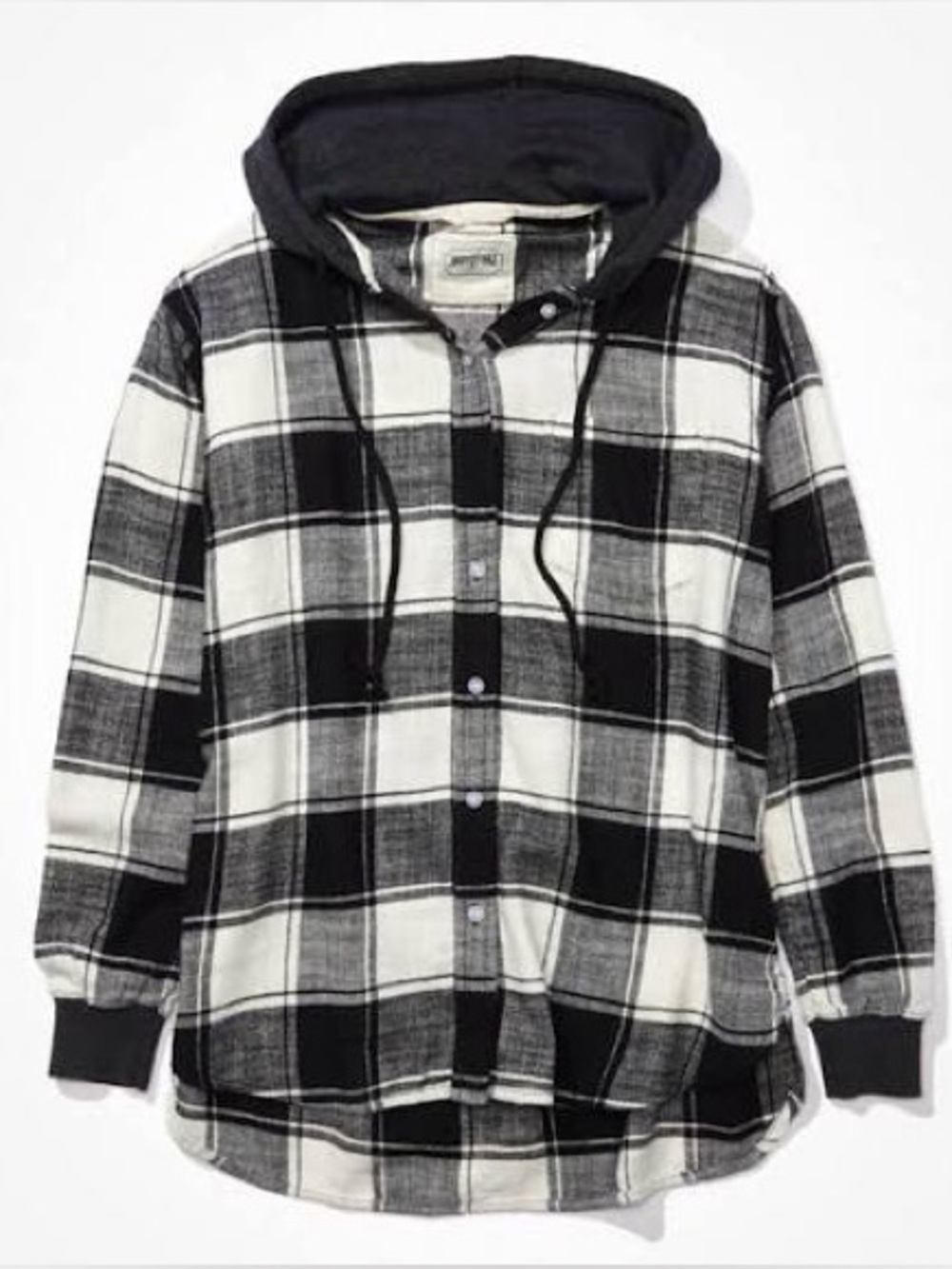 Black and White Plaid Button-Down Shirt with hoodie